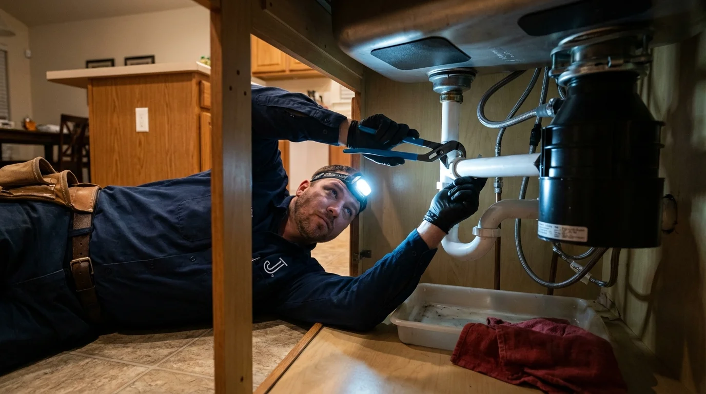 P-trap and supply line connections under a kitchen sink showing a common leak point in Tooele, UT